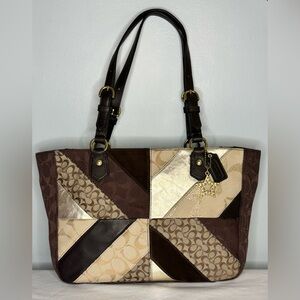 Coach Gallery Chevron Patchwork Tote Brown and Gold